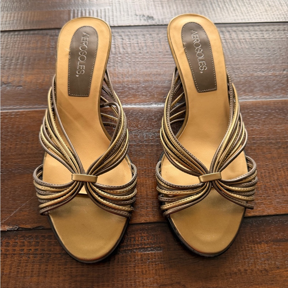 AEROSOLES Metallic Gold Multi-Strap Knot Slide Mules